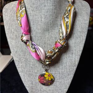 Floral Pendant Scarf Necklace - Pink and Yellow